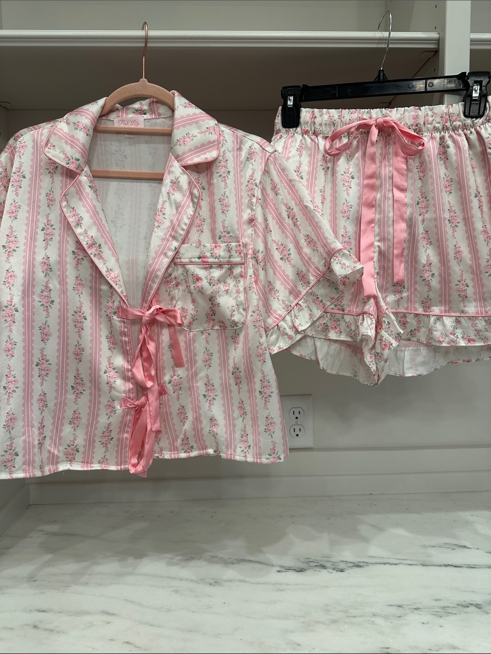 Pink Lily small pink and white floral pajama set. Like new